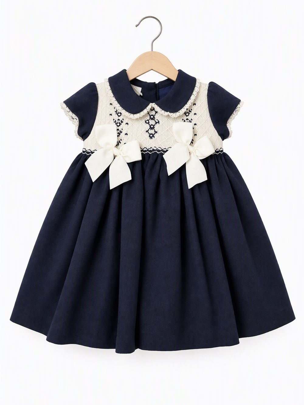 Pretty Originals Navy Cream Hand Smocked Lace Accent Portrait Dress 18M Formal